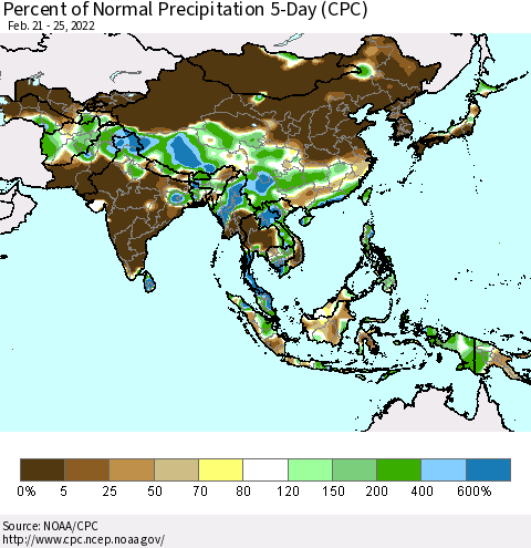 Asia Percent of Normal Precipitation 5-Day (CPC) Thematic Map For 2/21/2022 - 2/25/2022
