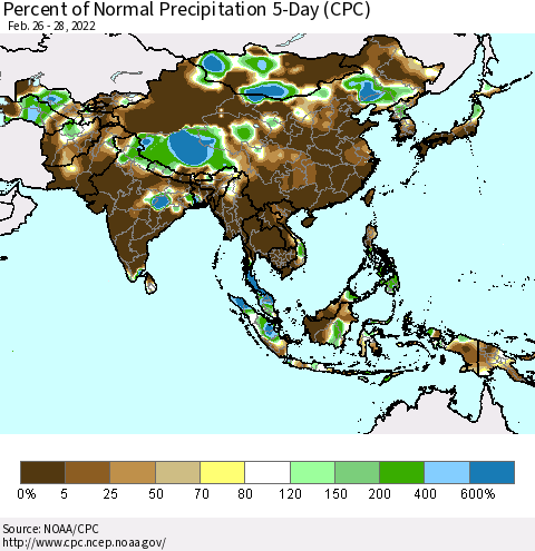 Asia Percent of Normal Precipitation 5-Day (CPC) Thematic Map For 2/26/2022 - 2/28/2022