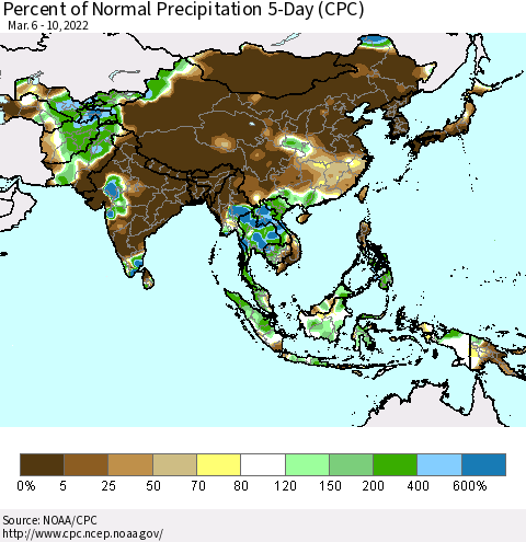 Asia Percent of Normal Precipitation 5-Day (CPC) Thematic Map For 3/6/2022 - 3/10/2022