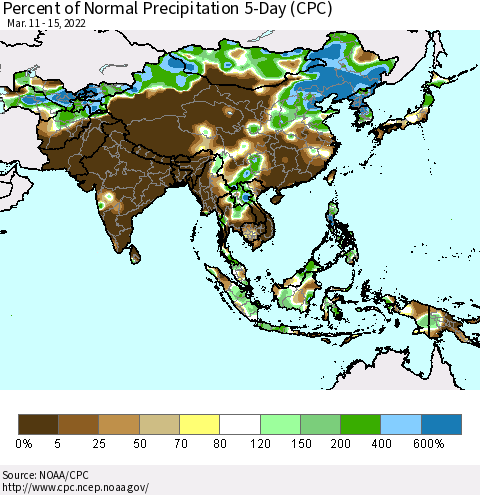 Asia Percent of Normal Precipitation 5-Day (CPC) Thematic Map For 3/11/2022 - 3/15/2022