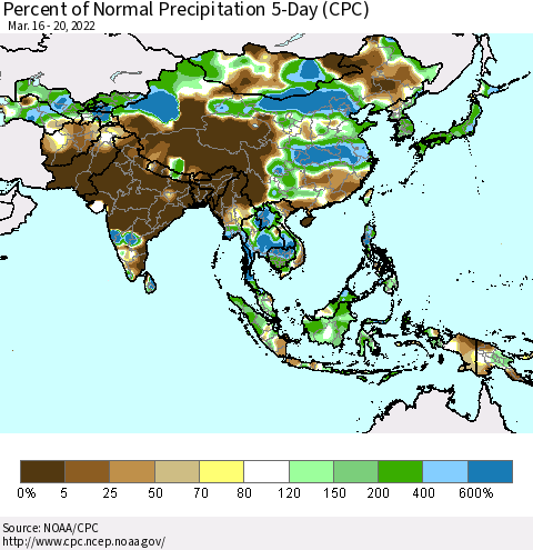 Asia Percent of Normal Precipitation 5-Day (CPC) Thematic Map For 3/16/2022 - 3/20/2022