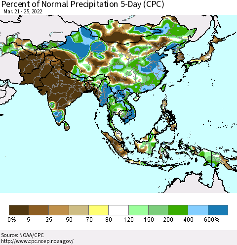 Asia Percent of Normal Precipitation 5-Day (CPC) Thematic Map For 3/21/2022 - 3/25/2022