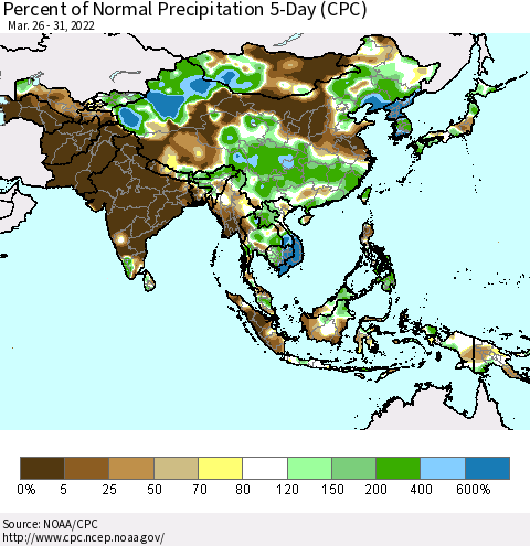 Asia Percent of Normal Precipitation 5-Day (CPC) Thematic Map For 3/26/2022 - 3/31/2022