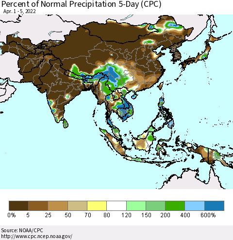 Asia Percent of Normal Precipitation 5-Day (CPC) Thematic Map For 4/1/2022 - 4/5/2022