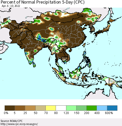 Asia Percent of Normal Precipitation 5-Day (CPC) Thematic Map For 4/6/2022 - 4/10/2022
