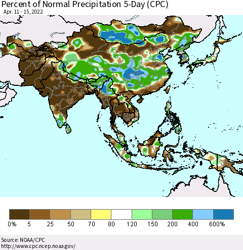 Asia Percent of Normal Precipitation 5-Day (CPC) Thematic Map For 4/11/2022 - 4/15/2022
