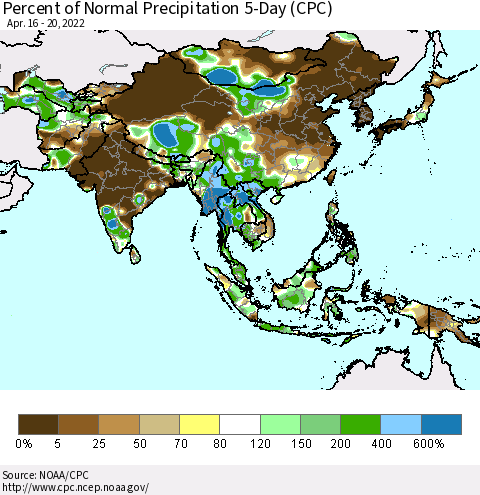 Asia Percent of Normal Precipitation 5-Day (CPC) Thematic Map For 4/16/2022 - 4/20/2022