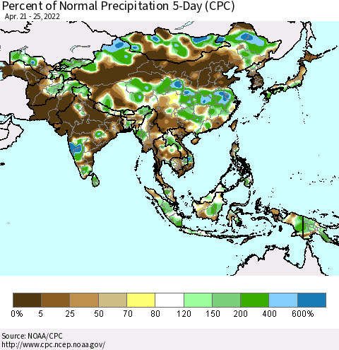 Asia Percent of Normal Precipitation 5-Day (CPC) Thematic Map For 4/21/2022 - 4/25/2022