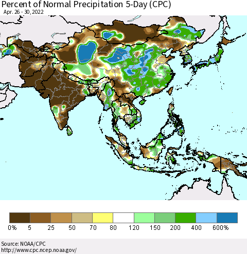 Asia Percent of Normal Precipitation 5-Day (CPC) Thematic Map For 4/26/2022 - 4/30/2022