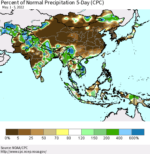 Asia Percent of Normal Precipitation 5-Day (CPC) Thematic Map For 5/1/2022 - 5/5/2022
