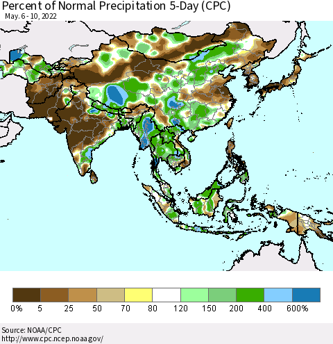 Asia Percent of Normal Precipitation 5-Day (CPC) Thematic Map For 5/6/2022 - 5/10/2022