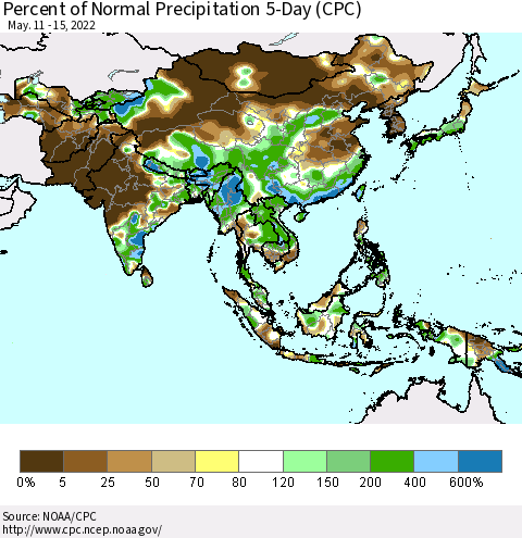 Asia Percent of Normal Precipitation 5-Day (CPC) Thematic Map For 5/11/2022 - 5/15/2022