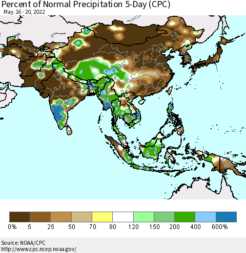 Asia Percent of Normal Precipitation 5-Day (CPC) Thematic Map For 5/16/2022 - 5/20/2022