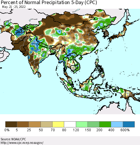 Asia Percent of Normal Precipitation 5-Day (CPC) Thematic Map For 5/21/2022 - 5/25/2022