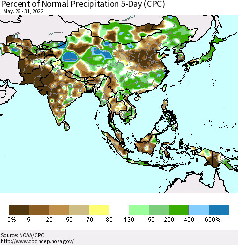 Asia Percent of Normal Precipitation 5-Day (CPC) Thematic Map For 5/26/2022 - 5/31/2022