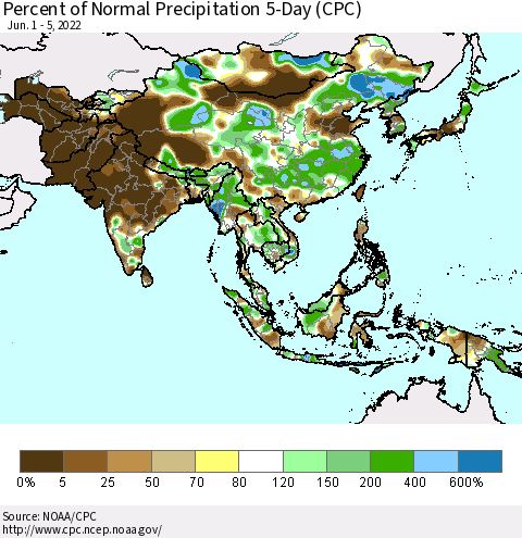 Asia Percent of Normal Precipitation 5-Day (CPC) Thematic Map For 6/1/2022 - 6/5/2022
