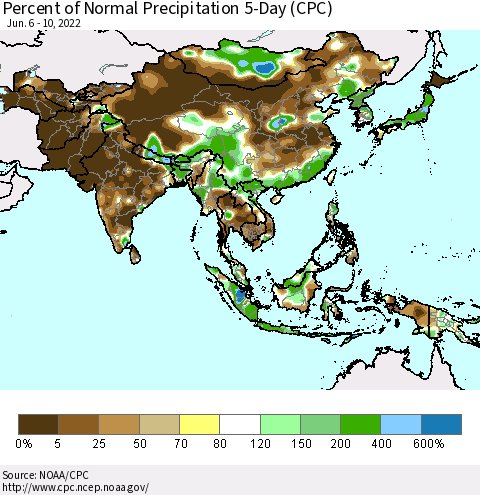 Asia Percent of Normal Precipitation 5-Day (CPC) Thematic Map For 6/6/2022 - 6/10/2022