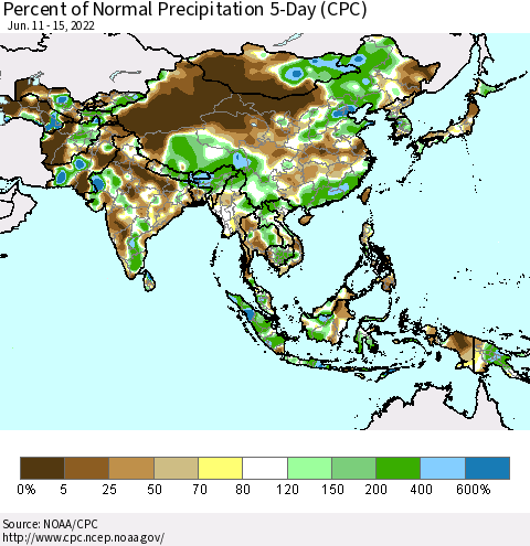 Asia Percent of Normal Precipitation 5-Day (CPC) Thematic Map For 6/11/2022 - 6/15/2022
