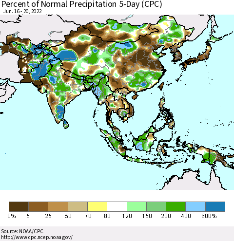 Asia Percent of Normal Precipitation 5-Day (CPC) Thematic Map For 6/16/2022 - 6/20/2022