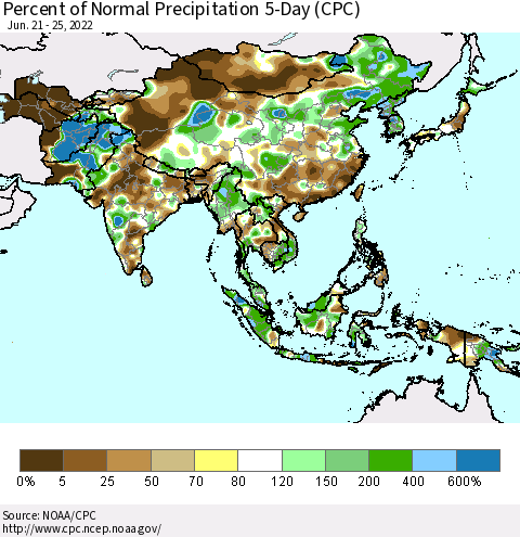 Asia Percent of Normal Precipitation 5-Day (CPC) Thematic Map For 6/21/2022 - 6/25/2022