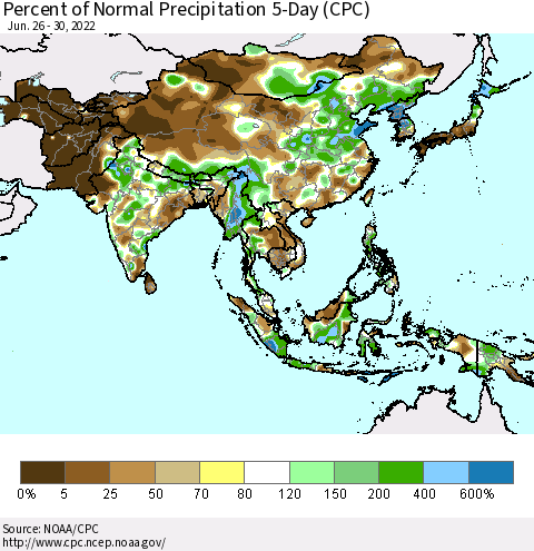 Asia Percent of Normal Precipitation 5-Day (CPC) Thematic Map For 6/26/2022 - 6/30/2022