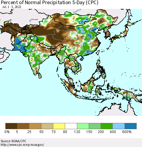 Asia Percent of Normal Precipitation 5-Day (CPC) Thematic Map For 7/1/2022 - 7/5/2022