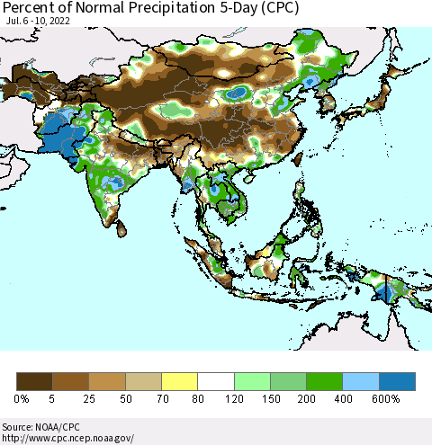 Asia Percent of Normal Precipitation 5-Day (CPC) Thematic Map For 7/6/2022 - 7/10/2022