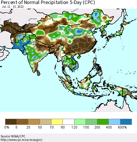 Asia Percent of Normal Precipitation 5-Day (CPC) Thematic Map For 7/11/2022 - 7/15/2022