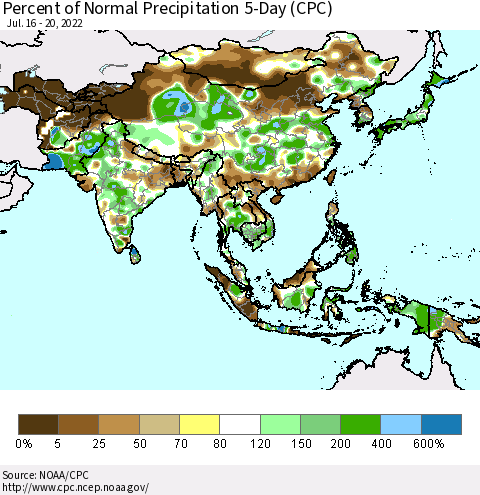 Asia Percent of Normal Precipitation 5-Day (CPC) Thematic Map For 7/16/2022 - 7/20/2022
