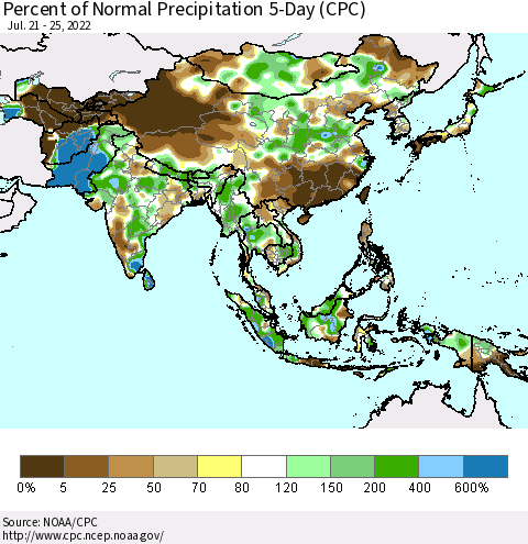 Asia Percent of Normal Precipitation 5-Day (CPC) Thematic Map For 7/21/2022 - 7/25/2022