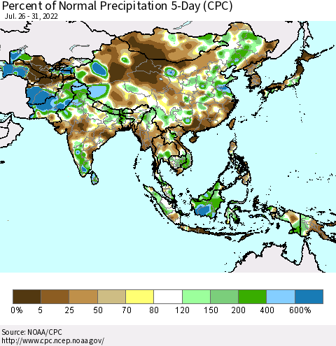 Asia Percent of Normal Precipitation 5-Day (CPC) Thematic Map For 7/26/2022 - 7/31/2022