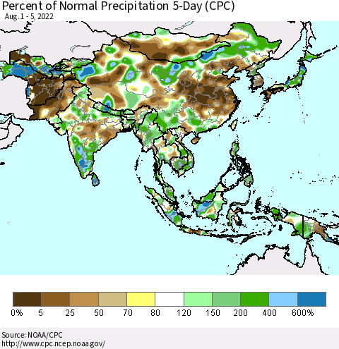 Asia Percent of Normal Precipitation 5-Day (CPC) Thematic Map For 8/1/2022 - 8/5/2022