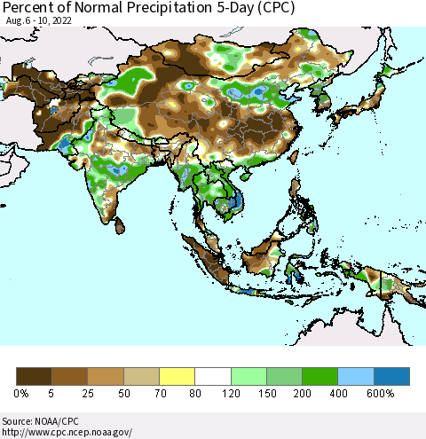 Asia Percent of Normal Precipitation 5-Day (CPC) Thematic Map For 8/6/2022 - 8/10/2022