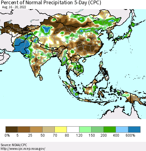 Asia Percent of Normal Precipitation 5-Day (CPC) Thematic Map For 8/16/2022 - 8/20/2022