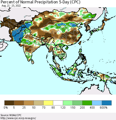 Asia Percent of Normal Precipitation 5-Day (CPC) Thematic Map For 8/21/2022 - 8/25/2022