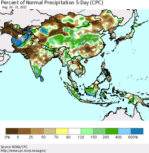 Asia Percent of Normal Precipitation 5-Day (CPC) Thematic Map For 8/26/2022 - 8/31/2022