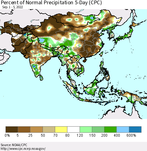Asia Percent of Normal Precipitation 5-Day (CPC) Thematic Map For 9/1/2022 - 9/5/2022