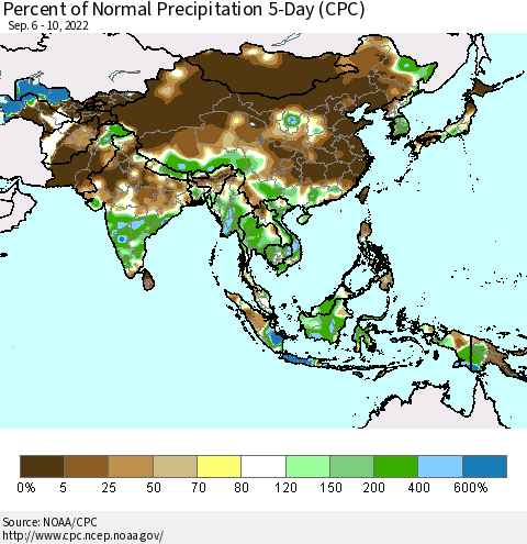 Asia Percent of Normal Precipitation 5-Day (CPC) Thematic Map For 9/6/2022 - 9/10/2022