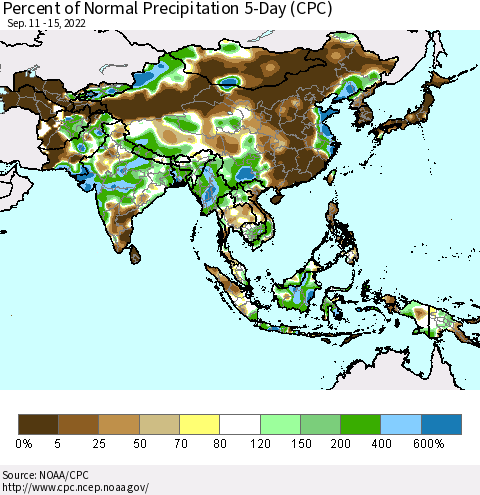 Asia Percent of Normal Precipitation 5-Day (CPC) Thematic Map For 9/11/2022 - 9/15/2022