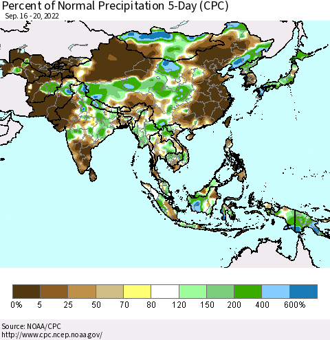 Asia Percent of Normal Precipitation 5-Day (CPC) Thematic Map For 9/16/2022 - 9/20/2022
