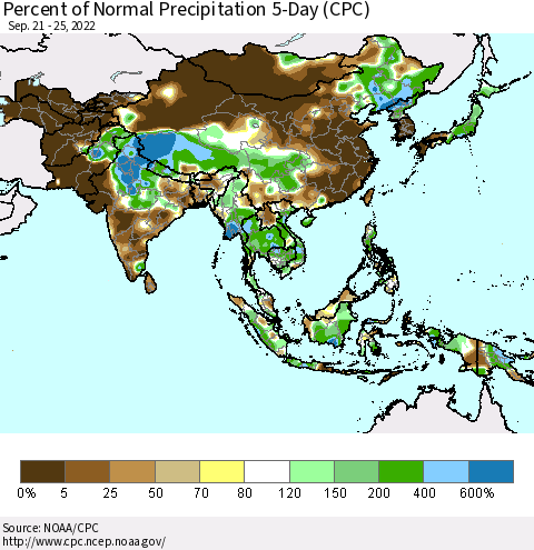 Asia Percent of Normal Precipitation 5-Day (CPC) Thematic Map For 9/21/2022 - 9/25/2022