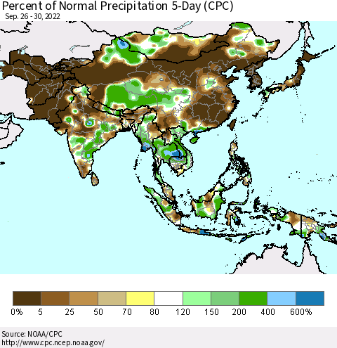 Asia Percent of Normal Precipitation 5-Day (CPC) Thematic Map For 9/26/2022 - 9/30/2022