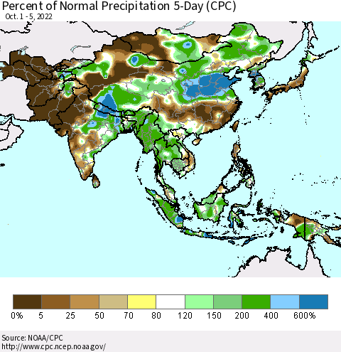 Asia Percent of Normal Precipitation 5-Day (CPC) Thematic Map For 10/1/2022 - 10/5/2022