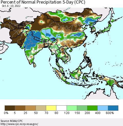 Asia Percent of Normal Precipitation 5-Day (CPC) Thematic Map For 10/6/2022 - 10/10/2022
