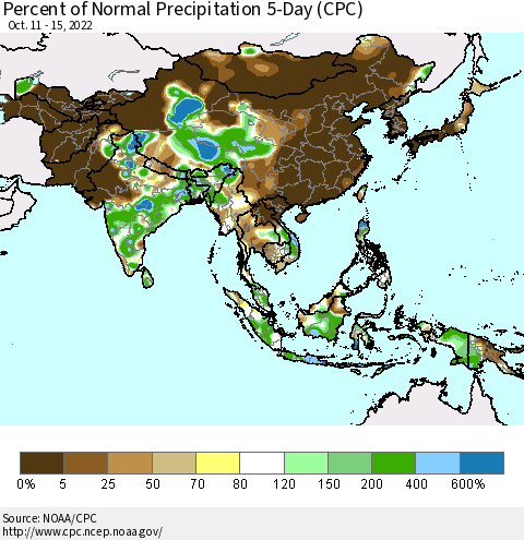 Asia Percent of Normal Precipitation 5-Day (CPC) Thematic Map For 10/11/2022 - 10/15/2022