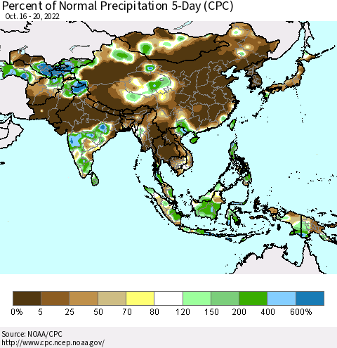 Asia Percent of Normal Precipitation 5-Day (CPC) Thematic Map For 10/16/2022 - 10/20/2022