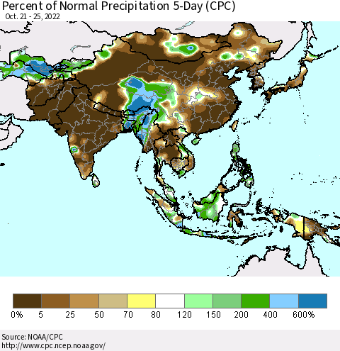 Asia Percent of Normal Precipitation 5-Day (CPC) Thematic Map For 10/21/2022 - 10/25/2022