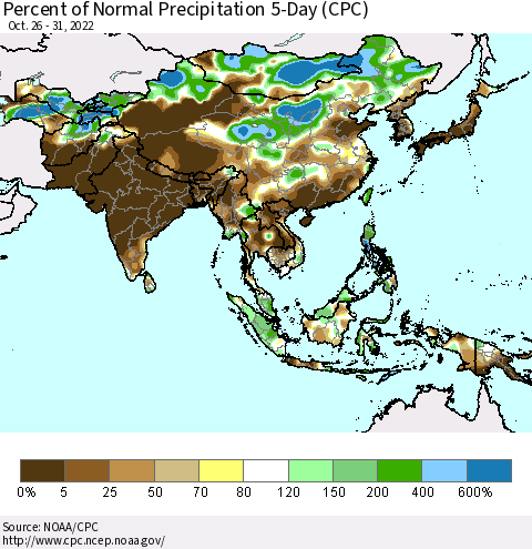 Asia Percent of Normal Precipitation 5-Day (CPC) Thematic Map For 10/26/2022 - 10/31/2022