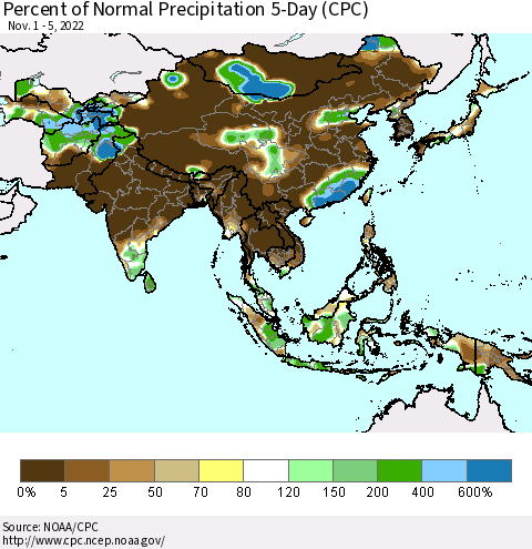 Asia Percent of Normal Precipitation 5-Day (CPC) Thematic Map For 11/1/2022 - 11/5/2022
