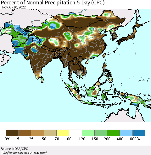 Asia Percent of Normal Precipitation 5-Day (CPC) Thematic Map For 11/6/2022 - 11/10/2022